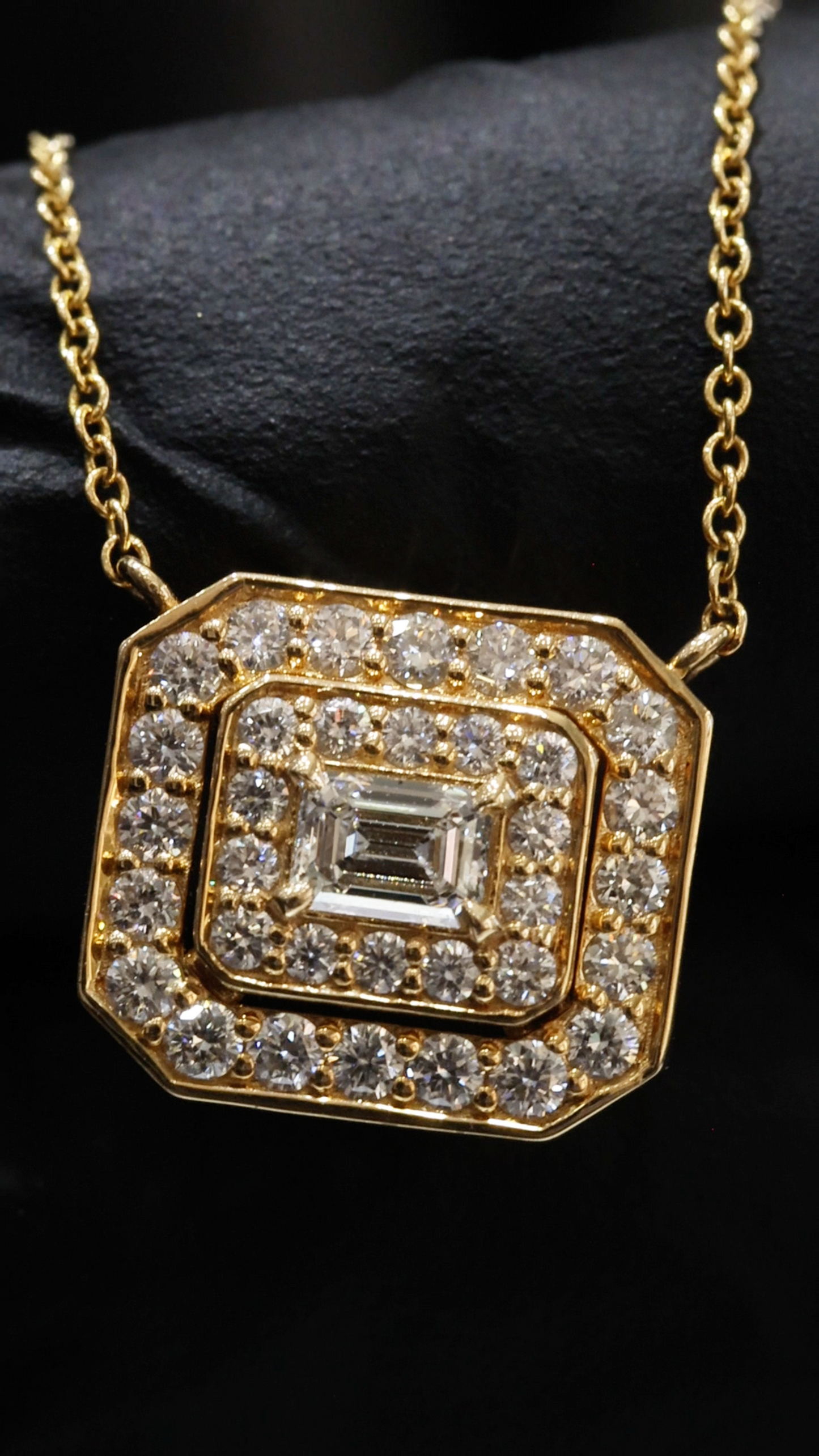 Emerald-Cut Diamond Double Halo Necklace in Yellow Gold | Square Halo Design