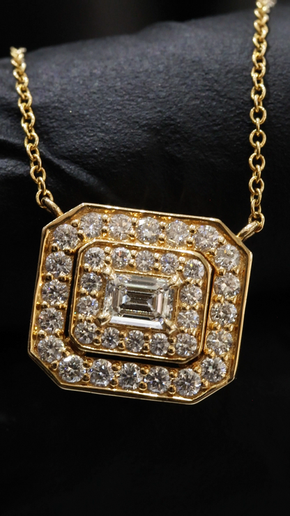 Emerald-Cut Diamond Double Halo Necklace in Yellow Gold | Square Halo Design
