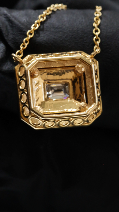 Emerald-Cut Diamond Double Halo Necklace in Yellow Gold | Square Halo Design