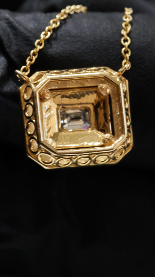 Emerald-Cut Diamond Double Halo Necklace in Yellow Gold | Square Halo Design