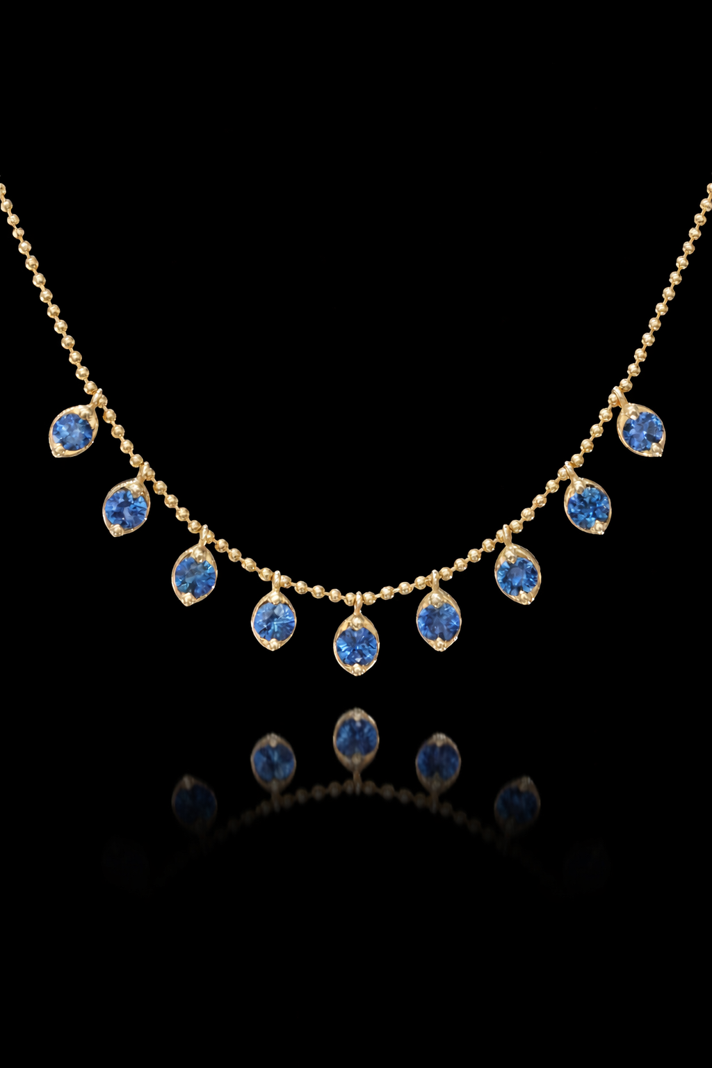 Natural Blue Sapphire Bezel Dangle Necklace in 14K Yellow Gold | Delicate Drop Station Design