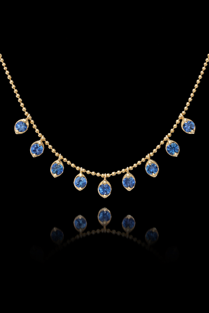 Natural Blue Sapphire Bezel Dangle Necklace in 14K Yellow Gold | Delicate Drop Station Design