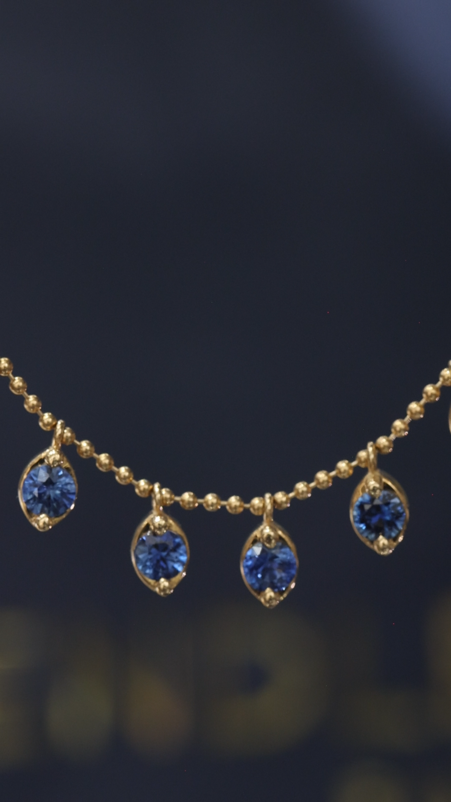 Natural Blue Sapphire Bezel Dangle Necklace in 14K Yellow Gold | Delicate Drop Station Design