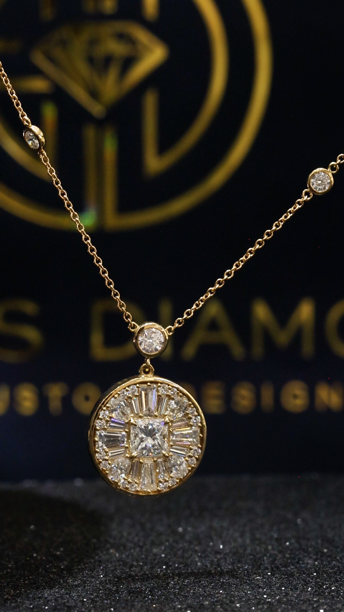 Natural Diamond Round Halo Pendant Necklace in Yellow Gold | Princess-Cut Center