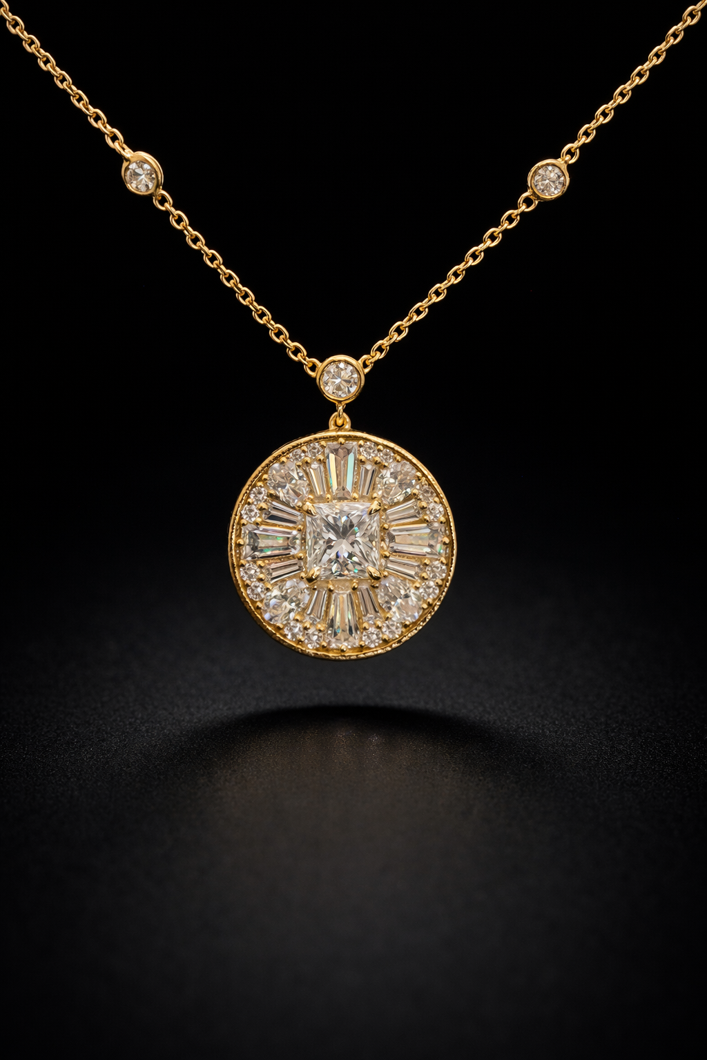 Natural Diamond Round Halo Pendant Necklace in Yellow Gold | Princess-Cut Center