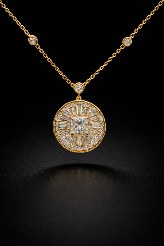 Natural Diamond Round Halo Pendant Necklace in Yellow Gold | Princess-Cut Center