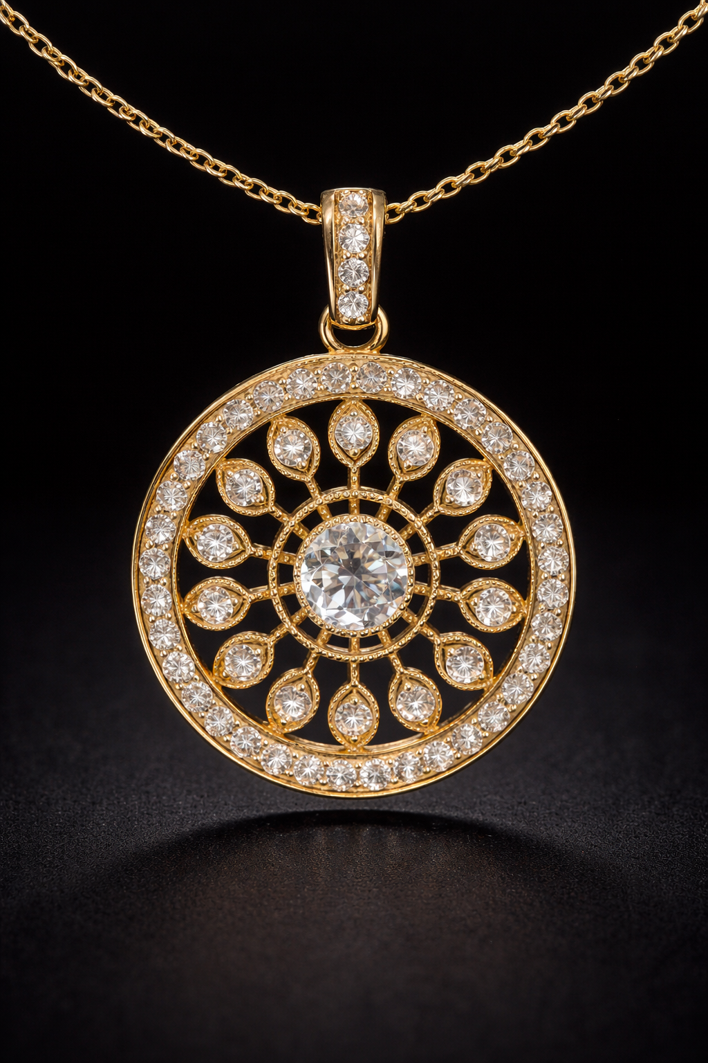 Natural Diamond Circular Medallion Necklace in Yellow Gold | Vintage Halo Design