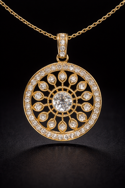 Natural Diamond Circular Medallion Necklace in Yellow Gold | Vintage Halo Design