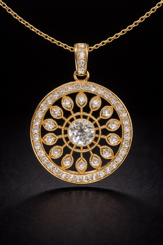 Natural Diamond Circular Medallion Necklace in Yellow Gold | Vintage Halo Design