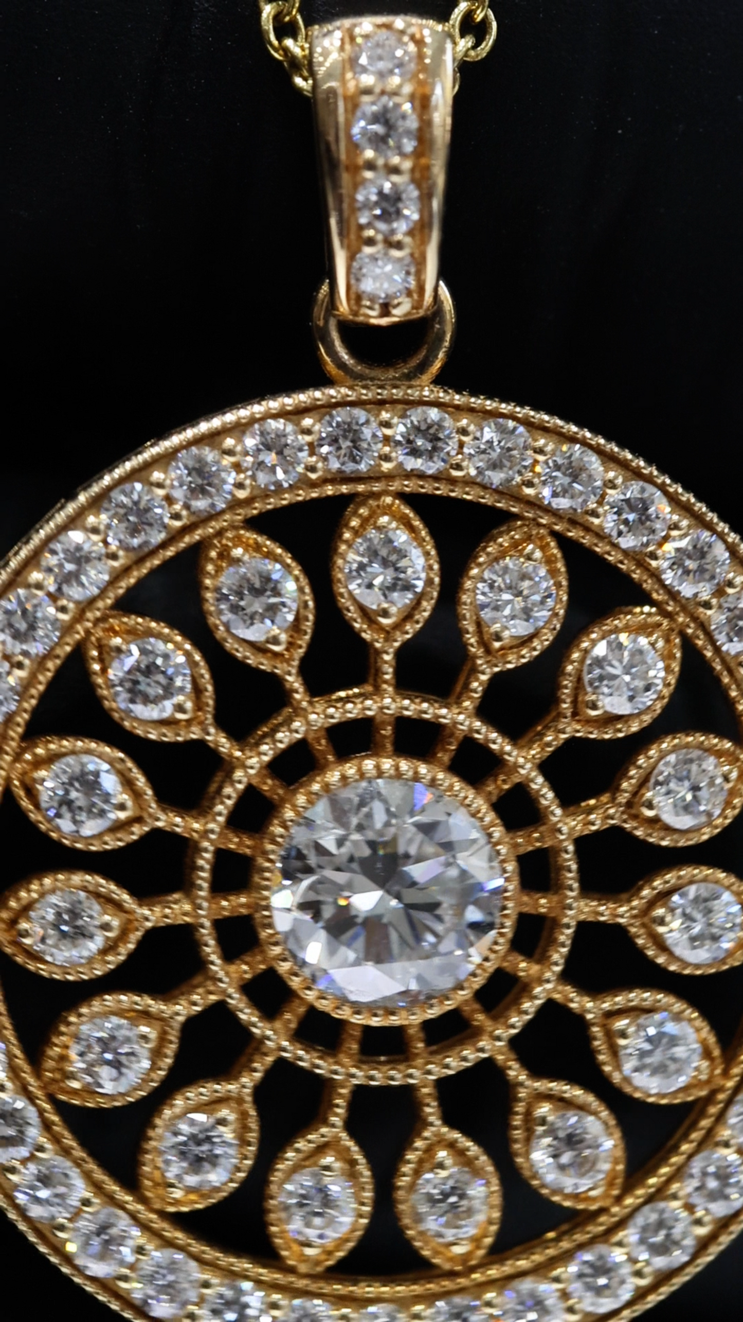 Natural Diamond Circular Medallion Necklace in Yellow Gold | Vintage Halo Design