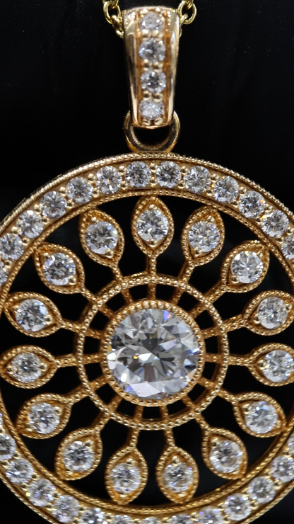 Natural Diamond Circular Medallion Necklace in Yellow Gold | Vintage Halo Design