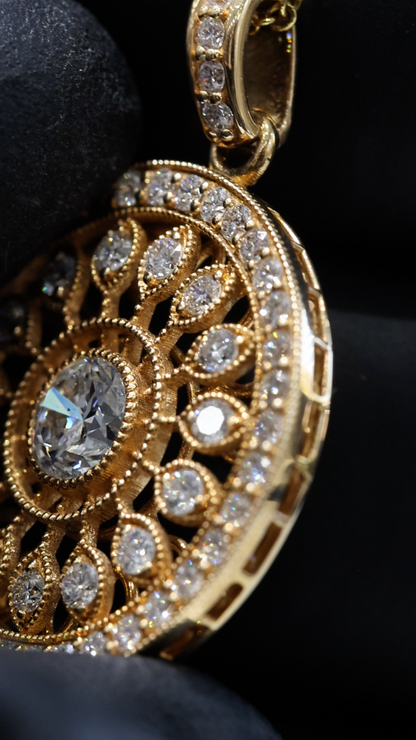 Natural Diamond Circular Medallion Necklace in Yellow Gold | Vintage Halo Design