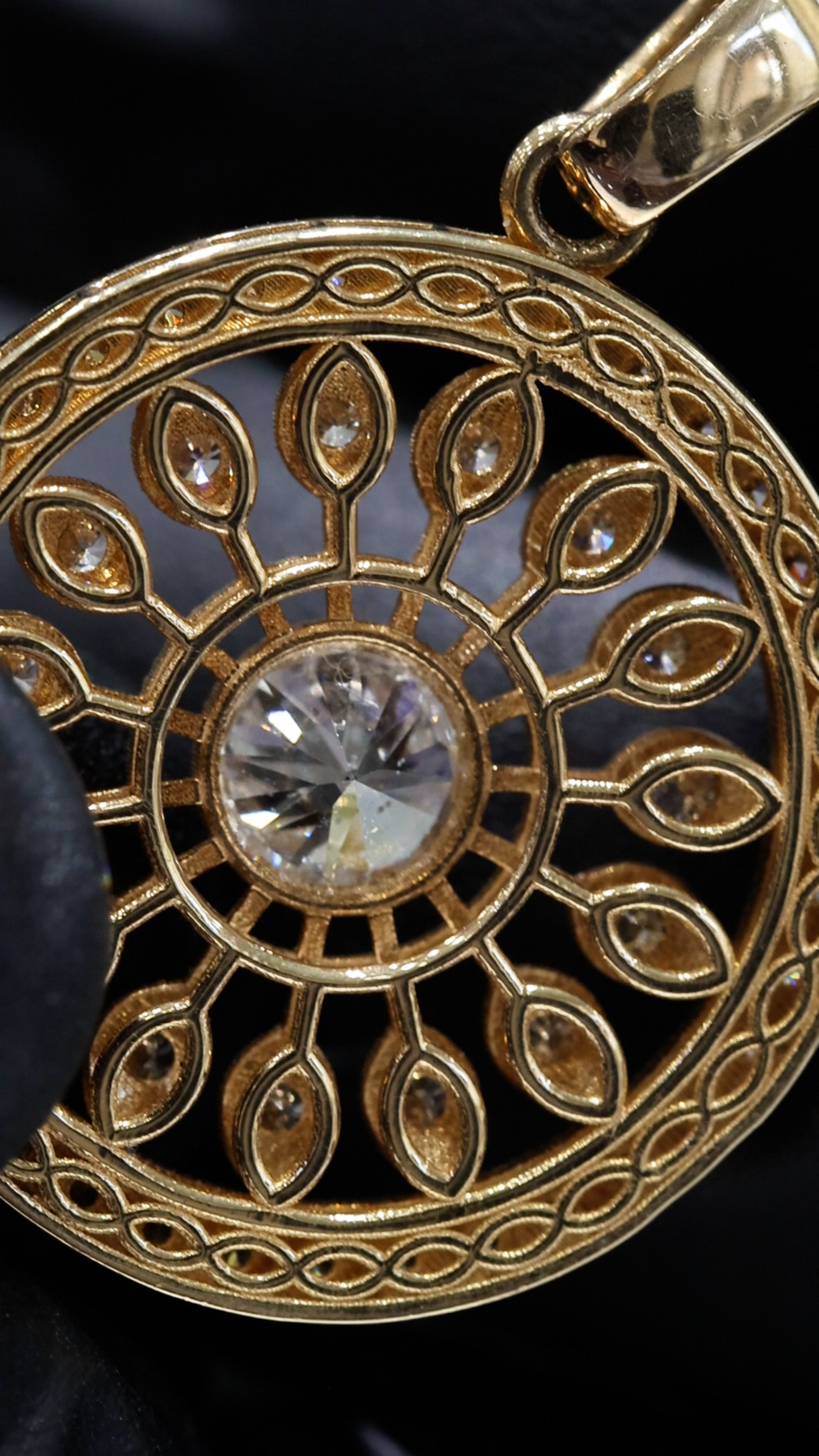 Natural Diamond Circular Medallion Necklace in Yellow Gold | Vintage Halo Design