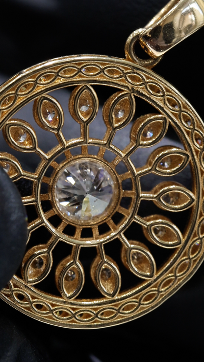 Natural Diamond Circular Medallion Necklace in Yellow Gold | Vintage Halo Design