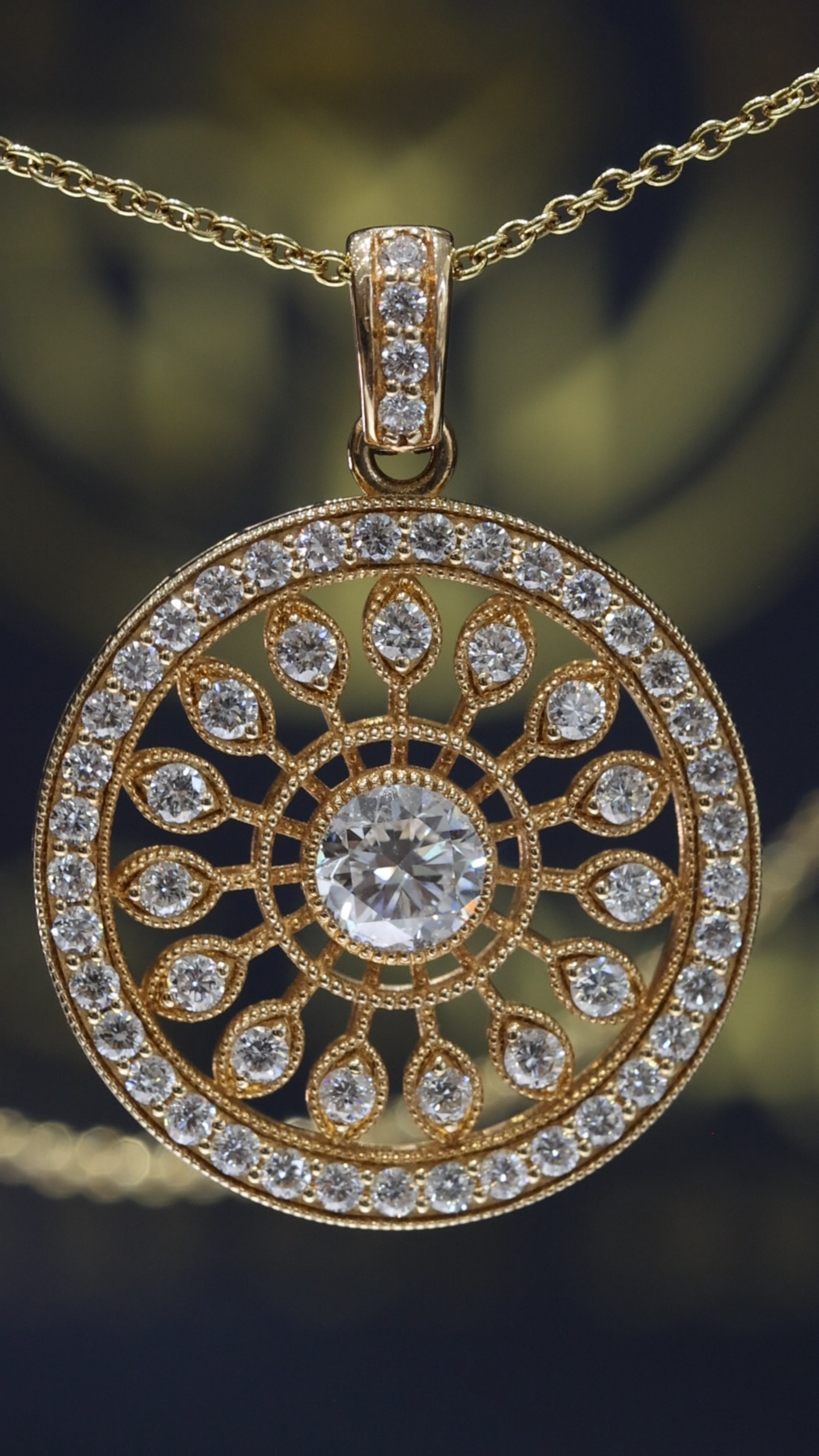 Natural Diamond Circular Medallion Necklace in Yellow Gold | Vintage Halo Design