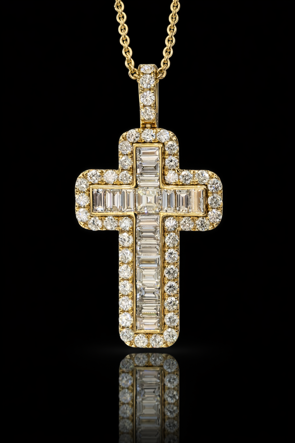 Baguette & Round Diamond Cross Pendant Necklace in 14K Yellow Gold | Modern Halo Design