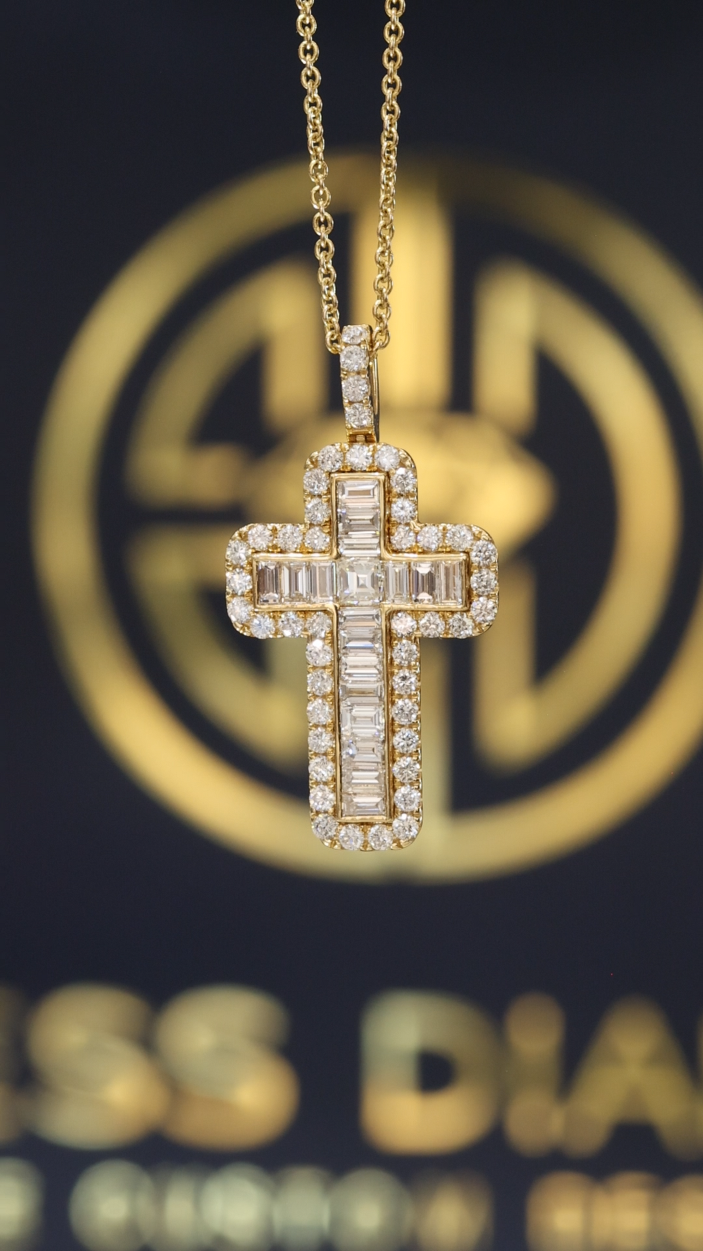 Baguette & Round Diamond Cross Pendant Necklace in 14K Yellow Gold | Modern Halo Design