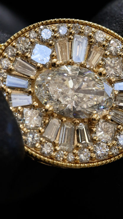 Natural Diamond Oval Halo Medallion Pendant in Yellow Gold | Vintage Sunburst Design
