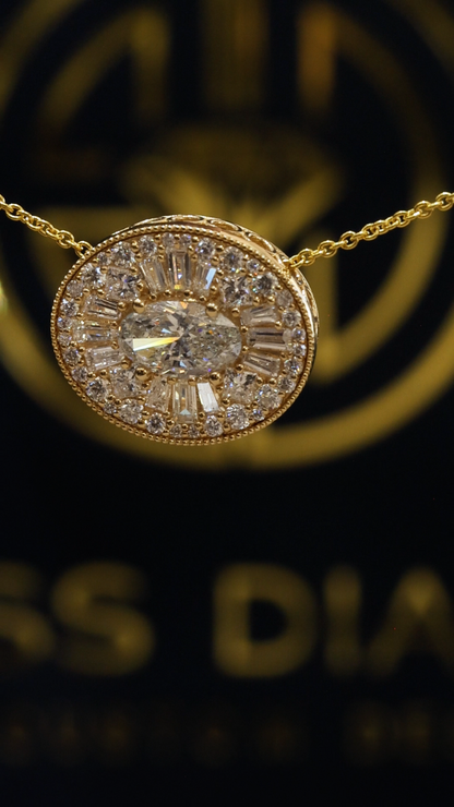 Natural Diamond Oval Halo Medallion Pendant in Yellow Gold | Vintage Sunburst Design
