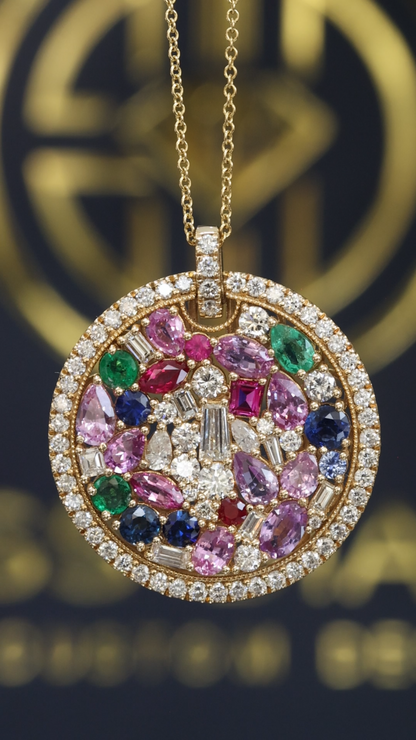Natural Multi-Gemstone & Diamond Medallion Necklace in 14K Yellow Gold | Mosaic Halo Design