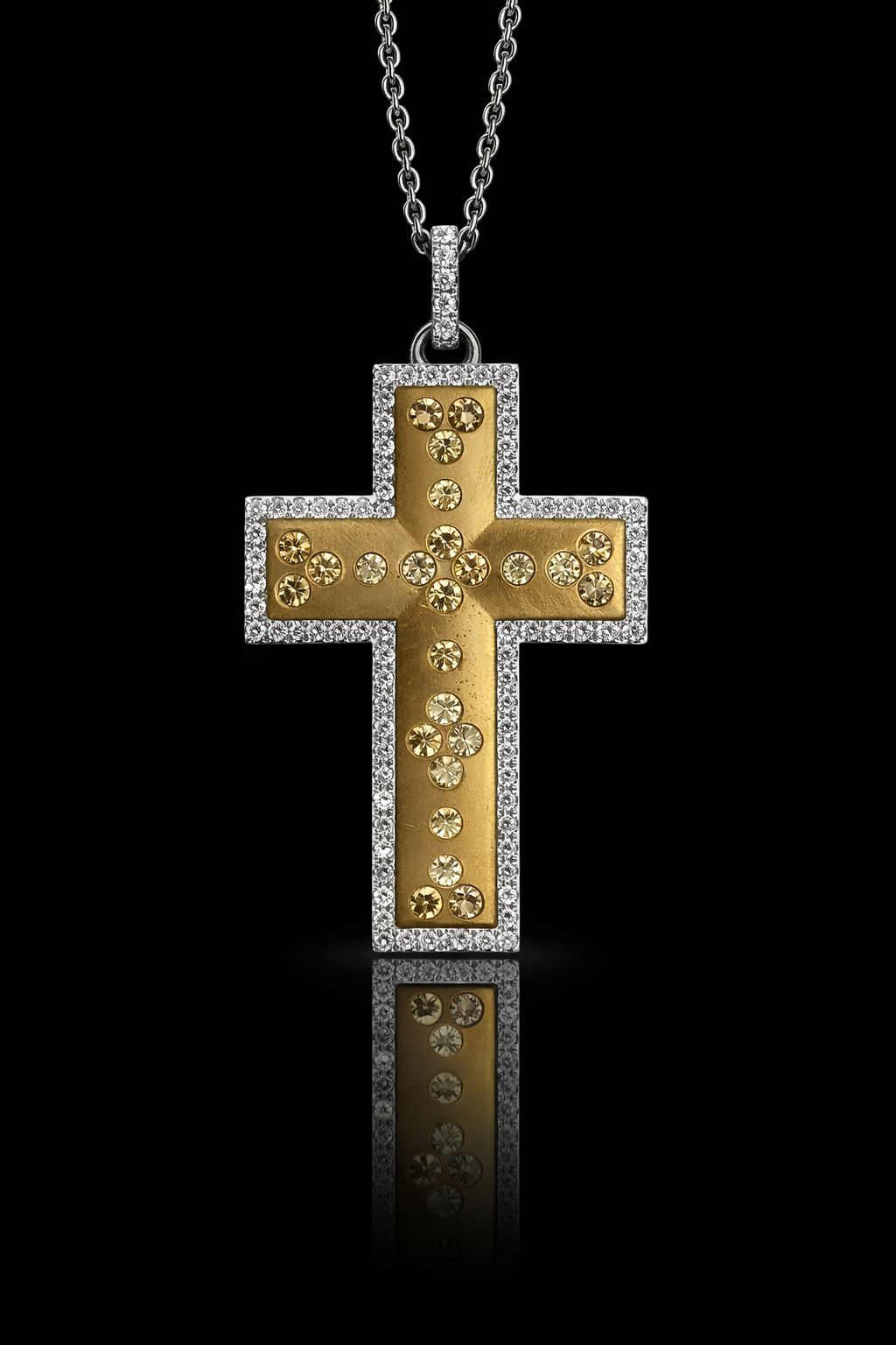 Natural Fancy Yellow & White Diamond Cross Necklace in Two-Tone Gold | Halo Frame Design