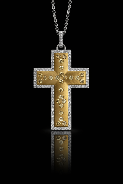 Natural Fancy Yellow & White Diamond Cross Necklace in Two-Tone Gold | Halo Frame Design