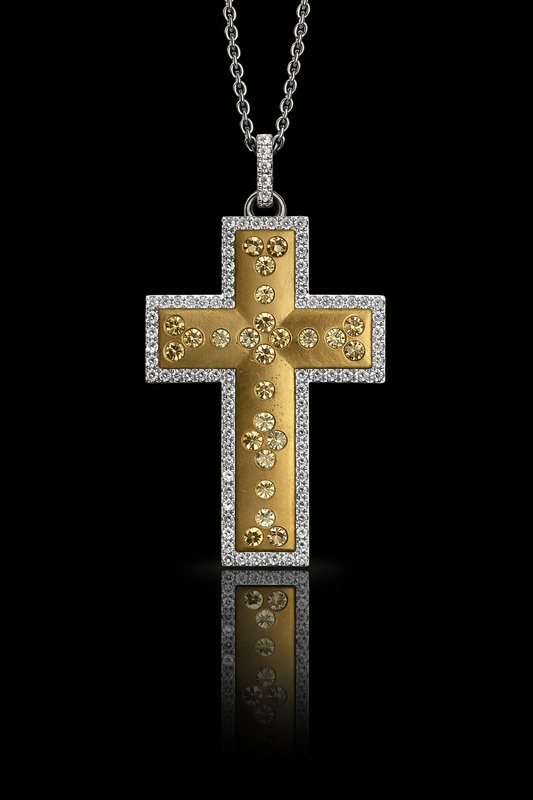 Natural Fancy Yellow & White Diamond Cross Necklace in Two-Tone Gold | Halo Frame Design