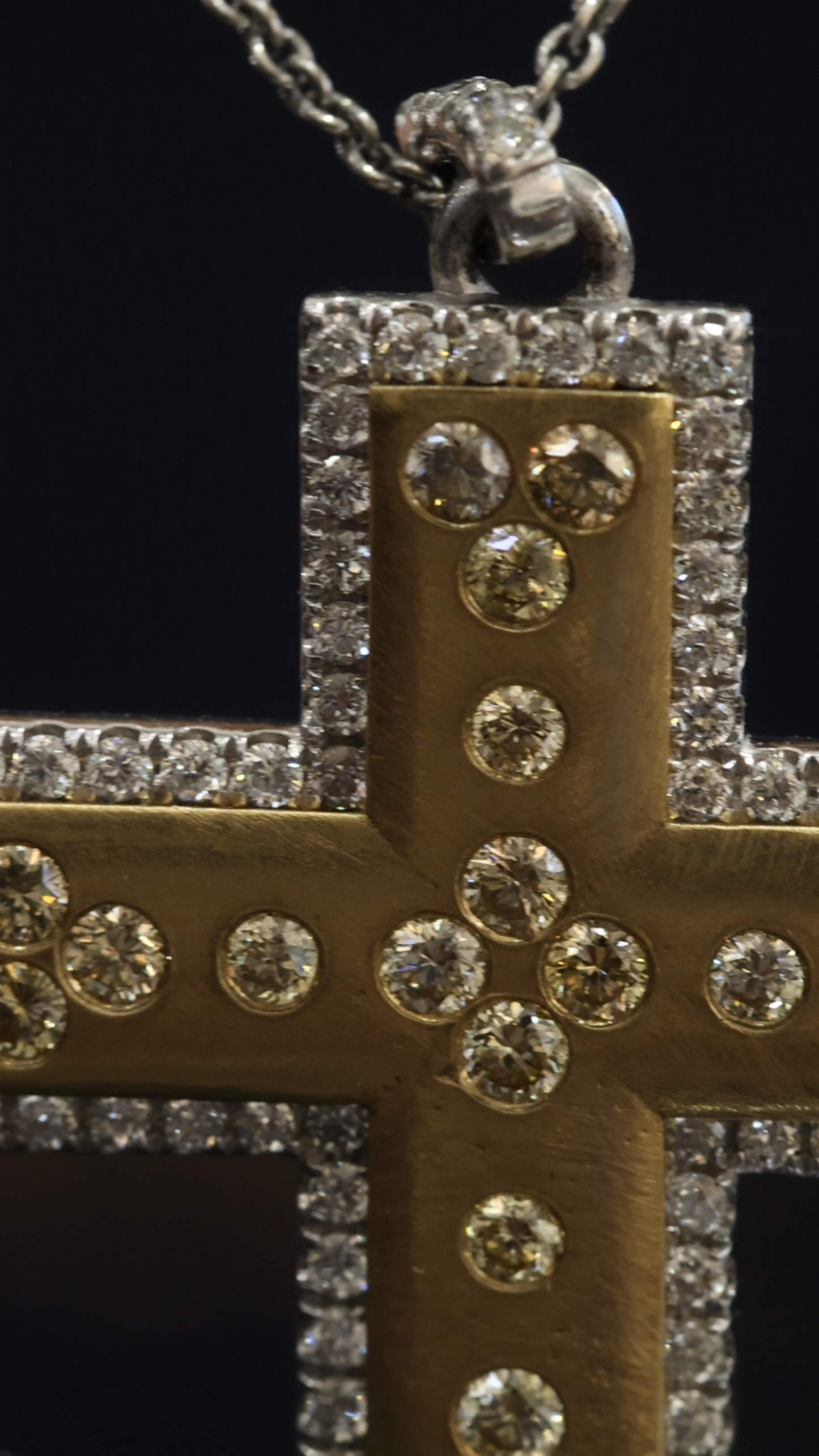 Natural Fancy Yellow & White Diamond Cross Necklace in Two-Tone Gold | Halo Frame Design