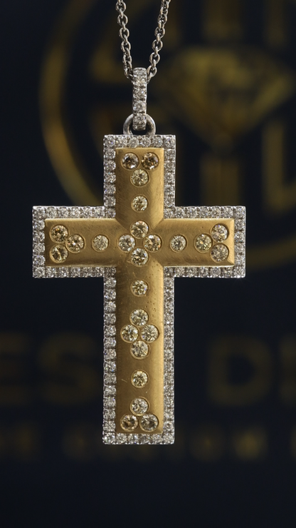 Natural Fancy Yellow & White Diamond Cross Necklace in Two-Tone Gold | Halo Frame Design