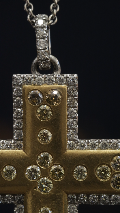 Natural Fancy Yellow & White Diamond Cross Necklace in Two-Tone Gold | Halo Frame Design