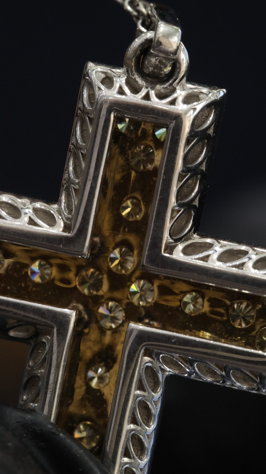 Natural Fancy Yellow & White Diamond Cross Necklace in Two-Tone Gold | Halo Frame Design