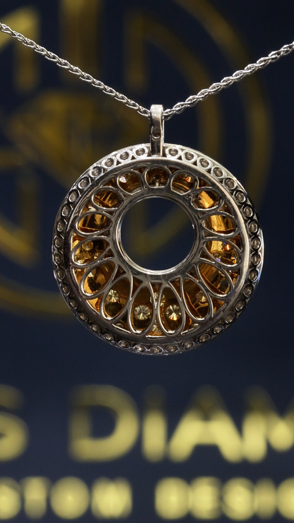 Natural Fancy Yellow Diamond Open Circle Pendant with Pavé Halo in Two-Tone Gold | Modern Luxury Design
