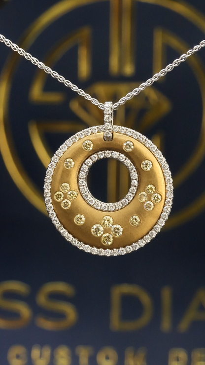 Natural Fancy Yellow Diamond Open Circle Pendant with Pavé Halo in Two-Tone Gold | Modern Luxury Design
