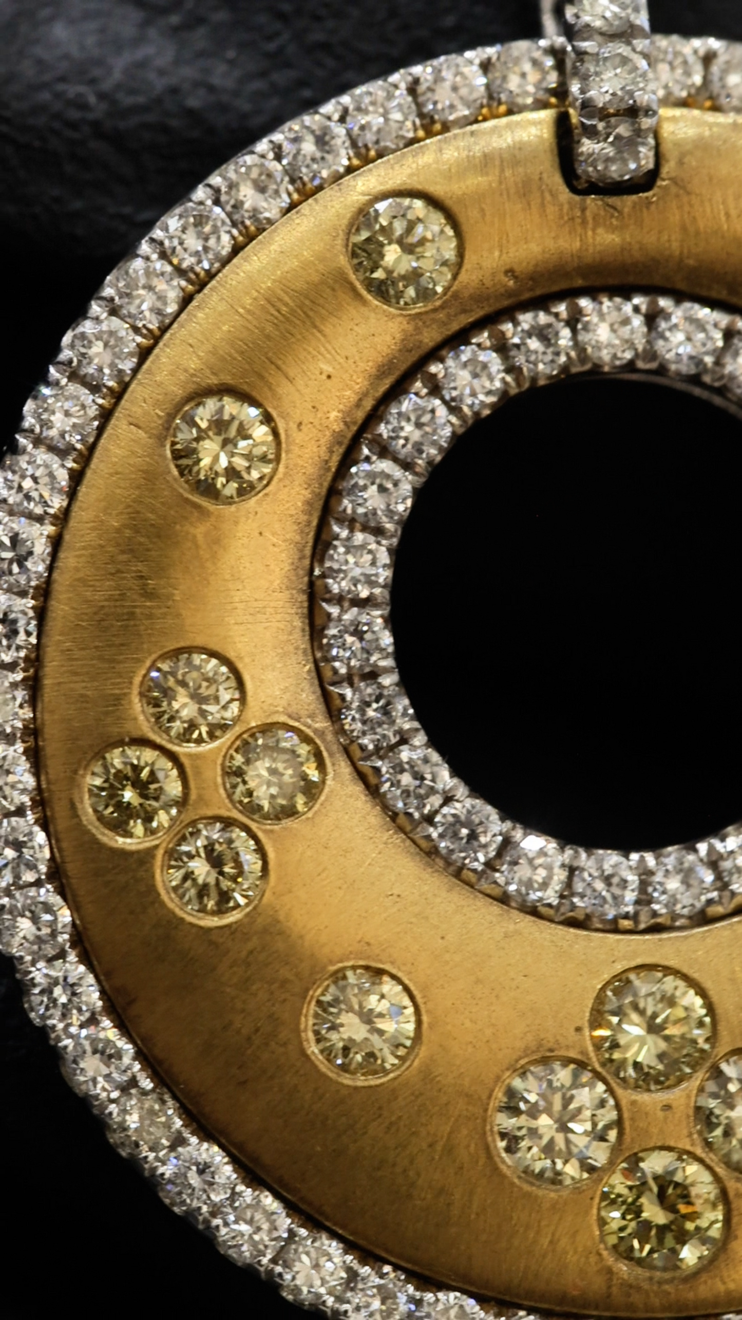 Natural Fancy Yellow Diamond Open Circle Pendant with Pavé Halo in Two-Tone Gold | Modern Luxury Design