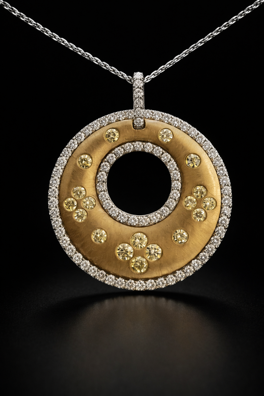 Natural Fancy Yellow Diamond Open Circle Pendant with Pavé Halo in Two-Tone Gold | Modern Luxury Design