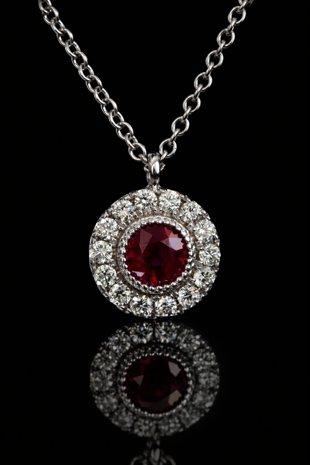 Round 0.30 carat ruby double halo pendant in 14K white gold with 0.14 carat G-H SI diamonds Houston jewelry store Endless Diamonds