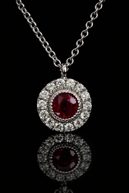 Round 0.30 carat ruby double halo pendant in 14K white gold with 0.14 carat G-H SI diamonds Houston jewelry store Endless Diamonds