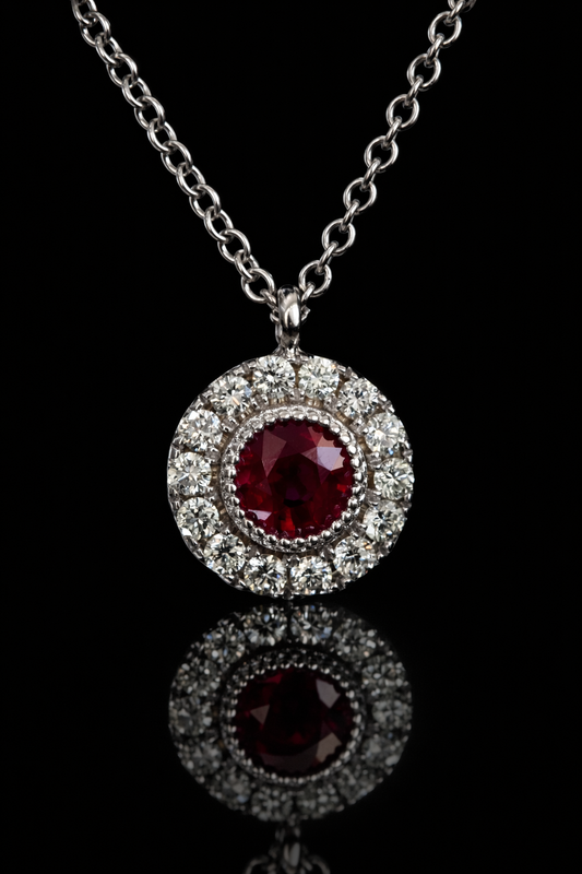 Round 0.30 carat ruby double halo pendant in 14K white gold with 0.14 carat G-H SI diamonds Houston jewelry store Endless Diamonds