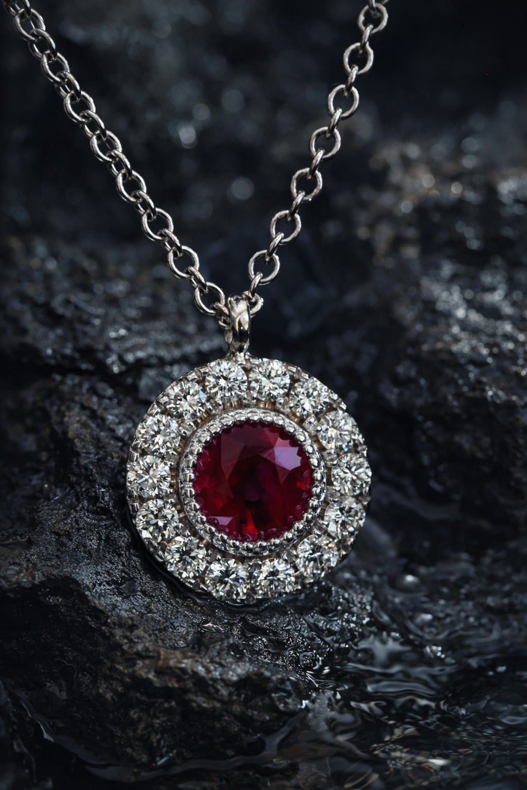 Round 0.30 carat ruby double halo pendant in 14K white gold with 0.14 carat G-H SI diamonds Houston jewelry store Endless Diamonds