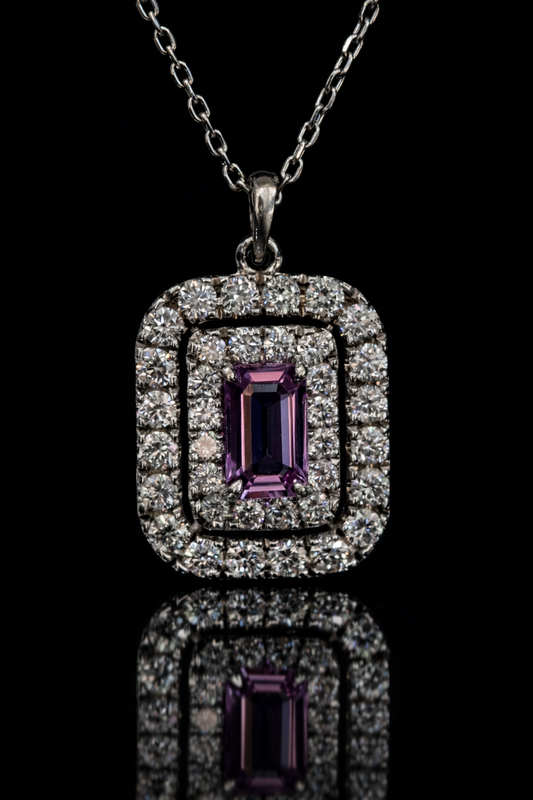 14K white gold sapphire halo pendant necklace with 0.30 carat emerald cut sapphire and 0.36 carat pavé diamond double frame design