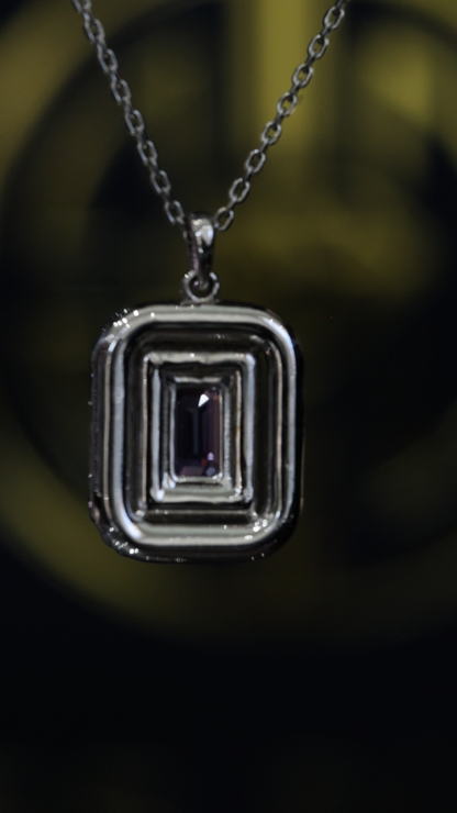 14K white gold sapphire halo pendant necklace with 0.30 carat emerald cut sapphire and 0.36 carat pavé diamond double frame design