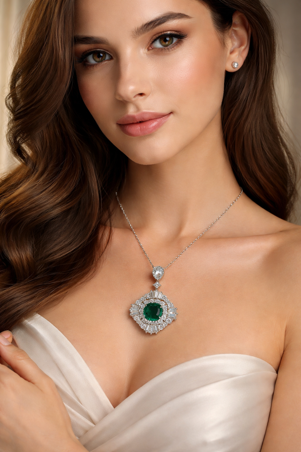 14K white gold emerald halo pendant with 1.00 carat cushion cut emerald and 2.01 carat G-H VS-SI diamond cluster setting