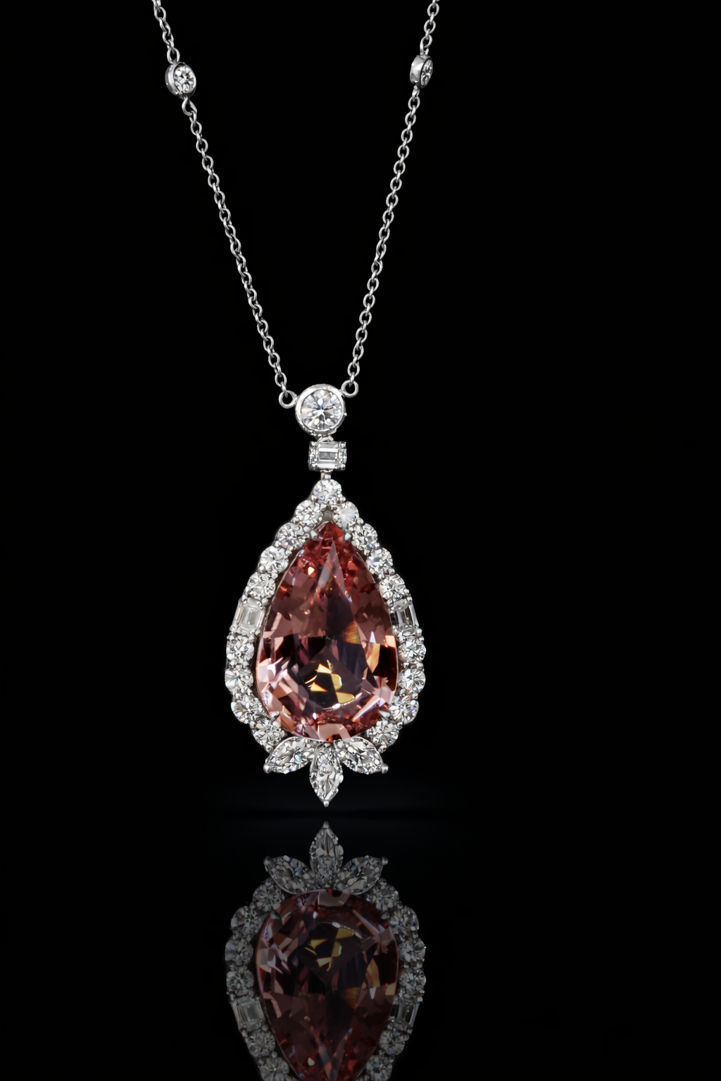 14K white gold pear shape morganite halo pendant with 6.01 carat center stone and 2.01 carat G-H SI diamond setting