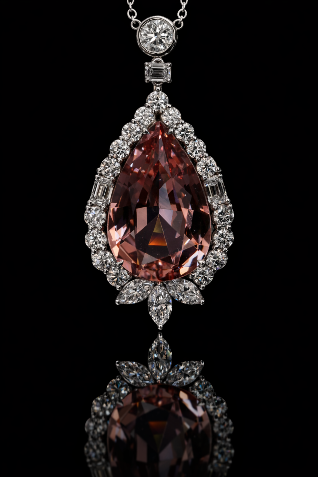 14K white gold pear shape morganite halo pendant with 6.01 carat center stone and 2.01 carat G-H SI diamond setting