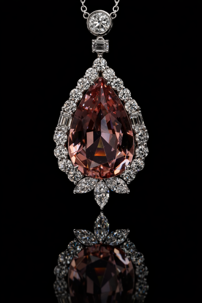 14K white gold pear shape morganite halo pendant with 6.01 carat center stone and 2.01 carat G-H SI diamond setting