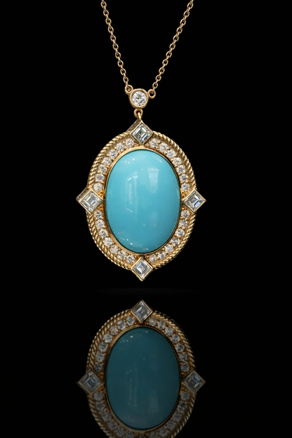 14K yellow gold oval turquoise halo pendant with 19x15mm cabochon center and 1.8 carat G-H SI diamond rope frame design