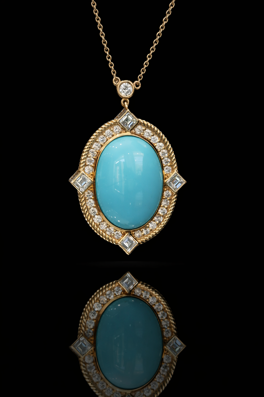 14K yellow gold oval turquoise halo pendant with 19x15mm cabochon center and 1.8 carat G-H SI diamond rope frame design