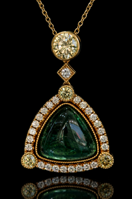 Green Tourmaline Halo Pendant 14K Yellow Gold Vintage Milgrain | 7.7 CT