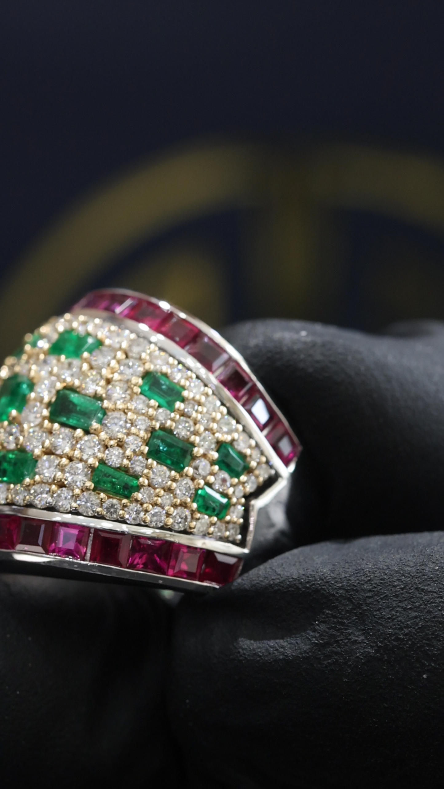 Emerald & Diamond Pavé Band with Ruby Channel Accents in Two-Tone Gold | Luxury Statement Ring