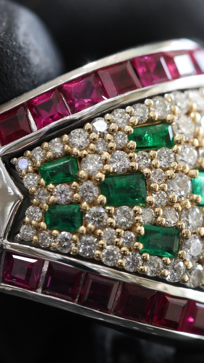 Emerald & Diamond Pavé Band with Ruby Channel Accents in Two-Tone Gold | Luxury Statement Ring